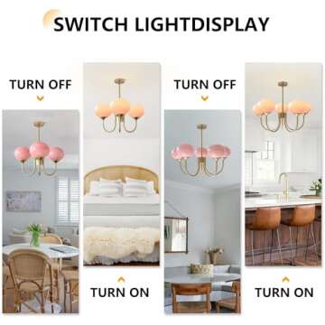 BOKT 5 Light Gold Globe Sputnik Chandelier Modern Pink Glass Sputnik Pendant Lights Kitchen Island Mid Century Vintage Brushed Brass Ball Chandelier Light Fixture for Bedroom Dining Living Room