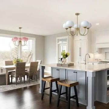 BOKT 5 Light Gold Globe Sputnik Chandelier Modern Pink Glass Sputnik Pendant Lights Kitchen Island Mid Century Vintage Brushed Brass Ball Chandelier Light Fixture for Bedroom Dining Living Room