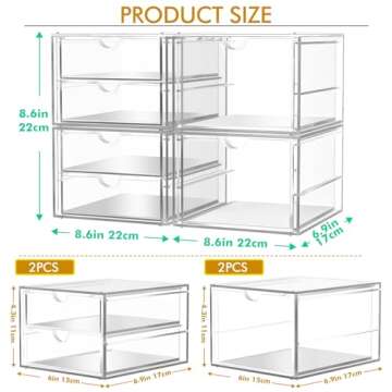 caktraie Acrylic Makeup Organizer, 4 Pack Drawer Organizer - Transparent Desktop Storage for Cosmetics, Office Supplies & More - Clear Organizer for Home & Office Use