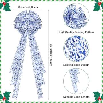 Realspring Christmas Tree Topper Bow 45"x12" Large Chinoiserie White and Blue Christmas Decorative R...