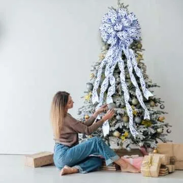 Realspring Christmas Tree Topper Bow 45"x12" Large Chinoiserie White and Blue Christmas Decorative Ribbon Bow, Chinoiserie Gift Bow for Xmas Wreath Ornament Home Indoor Outdoor Party Tree Decor