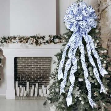 Realspring Christmas Tree Topper Bow 45"x12" Large Chinoiserie White and Blue Christmas Decorative Ribbon Bow, Chinoiserie Gift Bow for Xmas Wreath Ornament Home Indoor Outdoor Party Tree Decor