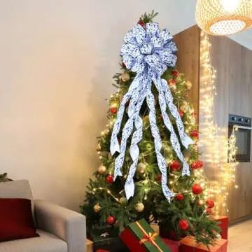 Realspring Christmas Tree Topper Bow 45"x12" Large Chinoiserie White and Blue Christmas Decorative Ribbon Bow, Chinoiserie Gift Bow for Xmas Wreath Ornament Home Indoor Outdoor Party Tree Decor