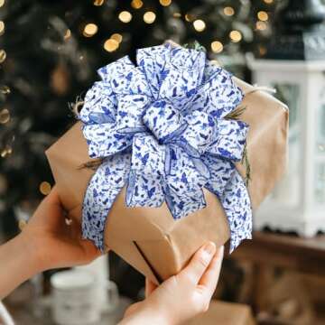 Realspring Christmas Tree Topper Bow 45"x12" Large Chinoiserie White and Blue Christmas Decorative Ribbon Bow, Chinoiserie Gift Bow for Xmas Wreath Ornament Home Indoor Outdoor Party Tree Decor