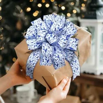Realspring Christmas Tree Topper Bow 45"x12" Large Chinoiserie White and Blue Christmas Decorative Ribbon Bow, Chinoiserie Gift Bow for Xmas Wreath Ornament Home Indoor Outdoor Party Tree Decor