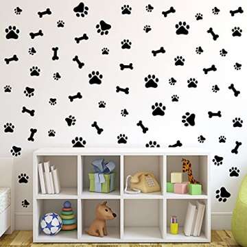 76 Pieces Dog Paw Decal Paw Print Sticker Dog Room Decor for Walls Pup Removable Vinyl Wall Sticker Decoration Animal Footprint for Nursery Bedroom Room Decor Art Mural DIY, Black