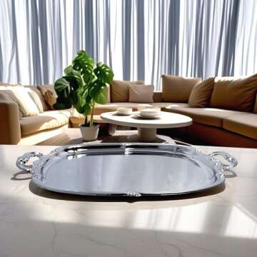 Maro Megastore (Pack of 4) 21-Inch x 13.5-Inch Elegant Victoria Floral Engraved with Handle Serving Tray Silver Metal Plate Platter Food Decorative Buffet Wedding Party T166-4PK