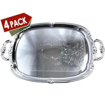 Maro Megastore (Pack of 4) 21-Inch x 13.5-Inch Elegant Victoria Floral Engraved with Handle Serving Tray Silver Metal Plate Platter Food Decorative Buffet Wedding Party T166-4PK