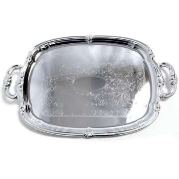 Maro Megastore (Pack of 4) 21-Inch x 13.5-Inch Elegant Victoria Floral Engraved with Handle Serving Tray Silver Metal Plate Platter Food Decorative Buffet Wedding Party T166-4PK