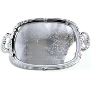 Maro Megastore (Pack of 4) 21-Inch x 13.5-Inch Elegant Victoria Floral Engraved with Handle Serving Tray Silver Metal Plate Platter Food Decorative Buffet Wedding Party T166-4PK