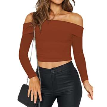 Remidoo Women's Ruched Mesh Off The Shoulder Crop Top Sexy Long Sleeve Going Out Tops Sienna X-Small