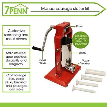 7Penn Vertical Meat Stuffer – 3L Sausage Stuffer Machine with Vertical Stuffer Nozzles, Manual Sau...