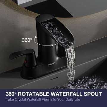 Black Bathroom Faucet 4 Inch 2 Handle - WaterSong Waterfall Bathroom Sink Faucet with Pop-up Drain & cUPC Lead-Free Water Supply Hose, Centerset 360° Swivel Spout Bathroom Faucet, RV Farmhouse Modern