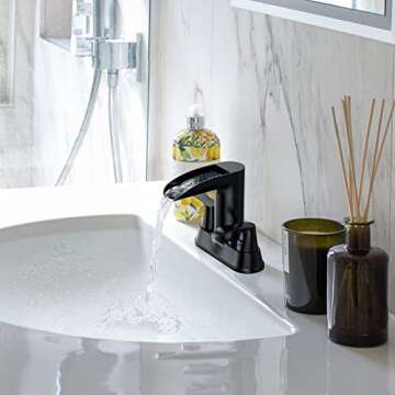 Black Bathroom Faucet 4 Inch 2 Handle - WaterSong Waterfall Bathroom Sink Faucet with Pop-up Drain & cUPC Lead-Free Water Supply Hose, Centerset 360° Swivel Spout Bathroom Faucet, RV Farmhouse Modern