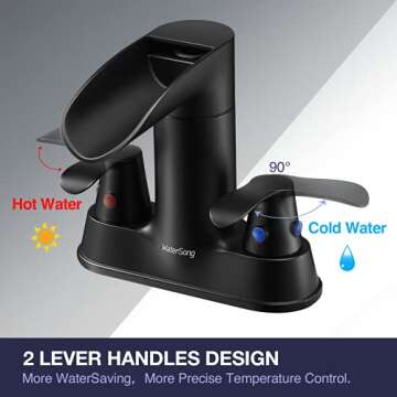 Black Bathroom Faucet 4 Inch 2 Handle - WaterSong Waterfall Bathroom Sink Faucet with Pop-up Drain & cUPC Lead-Free Water Supply Hose, Centerset 360° Swivel Spout Bathroom Faucet, RV Farmhouse Modern