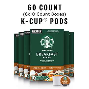 Starbucks K-Cup Coffee Pods, Breakfast Blend Medium Roast, 100% Arabica, 60 Pods