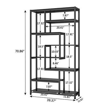 Tribesigns 8-Shelves Staggered Bookshelf, Rustic Industrial Etagere Bookcase for Office, Vintage Book Shelves Display Shelf Organizer for Home Garden (Black)