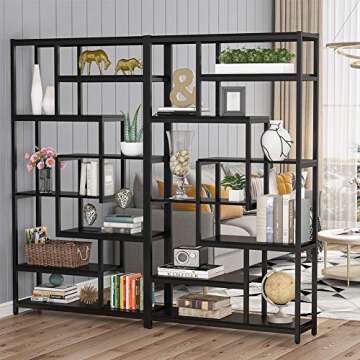 Tribesigns 8-Shelves Staggered Bookshelf, Rustic Industrial Etagere Bookcase for Office, Vintage Book Shelves Display Shelf Organizer for Home Garden (Black)