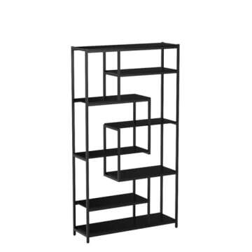 Tribesigns 8-Shelves Staggered Bookshelf, Rustic Industrial Etagere Bookcase for Office, Vintage Book Shelves Display Shelf Organizer for Home Garden (Black)