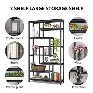 Tribesigns 8-Shelves Staggered Bookshelf, Rustic Industrial Etagere Bookcase for Office, Vintage Book Shelves Display Shelf Organizer for Home Garden (Black)