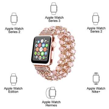 Fohuas Compatible for Apple Watch bracelet 38mm 40mm, Fashion Crystal Beads Iwatch Band with Metal Chain Elastic Stretch Women Girls Strap for iWatch Series 4 3 2 1,Sports, Edition, Hemes, Nike+, Pink