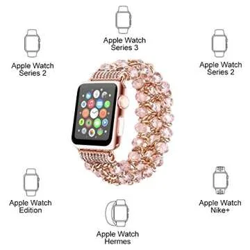 Fohuas Compatible for Apple Watch bracelet 38mm 40mm, Fashion Crystal Beads Iwatch Band with Metal Chain Elastic Stretch Women Girls Strap for iWatch Series 4 3 2 1,Sports, Edition, Hemes, Nike+, Pink