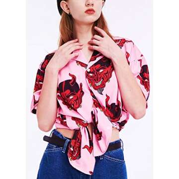 Womens Devil Shirt Streetwear Harajuku Fashion Y2K Button Up Pink