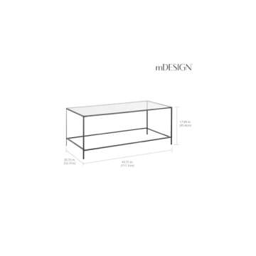 mDesign Glass Top Coffee Table - Large Minimalistic Rectangular Geometric Metal Accent Furniture Unit for Living Room, Basement, Home Office, Garage, and Bedroom - Black