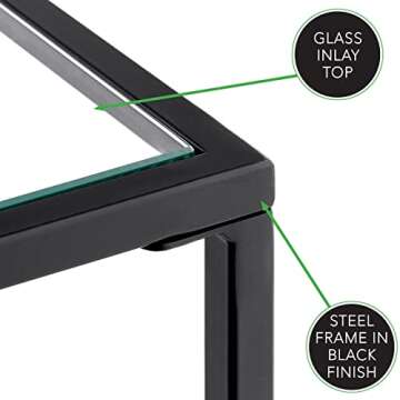 mDesign Glass Top Coffee Table - Large Minimalistic Rectangular Geometric Metal Accent Furniture Unit for Living Room, Basement, Home Office, Garage, and Bedroom - Black