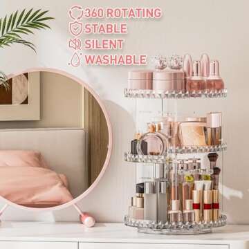COMVTUPY 360° Rotating Makeup Organizer, Diamond Pattern DIY 5 Adjustable Layers Skincare Clear Cos...