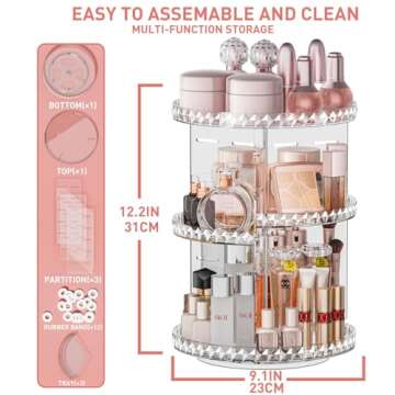 COMVTUPY 360° Rotating Makeup Organizer, Diamond Pattern DIY 5 Adjustable Layers Skincare Clear Cosmetics Organizer for Vanity Countertop with Perfume Tray