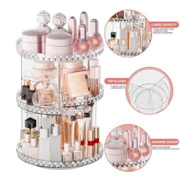 COMVTUPY 360° Rotating Makeup Organizer, Diamond Pattern DIY 5 Adjustable Layers Skincare Clear Cosmetics Organizer for Vanity Countertop with Perfume Tray