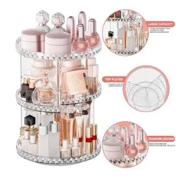 COMVTUPY 360° Rotating Makeup Organizer, Diamond Pattern DIY 5 Adjustable Layers Skincare Clear Cosmetics Organizer for Vanity Countertop with Perfume Tray