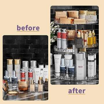 COMVTUPY 360° Rotating Makeup Organizer, Diamond Pattern DIY 5 Adjustable Layers Skincare Clear Cosmetics Organizer for Vanity Countertop with Perfume Tray
