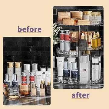 COMVTUPY 360° Rotating Makeup Organizer, Diamond Pattern DIY 5 Adjustable Layers Skincare Clear Cosmetics Organizer for Vanity Countertop with Perfume Tray