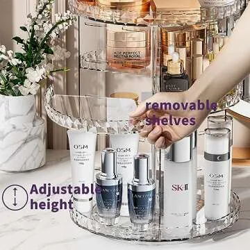COMVTUPY 360° Rotating Makeup Organizer, Diamond Pattern DIY 5 Adjustable Layers Skincare Clear Cosmetics Organizer for Vanity Countertop with Perfume Tray