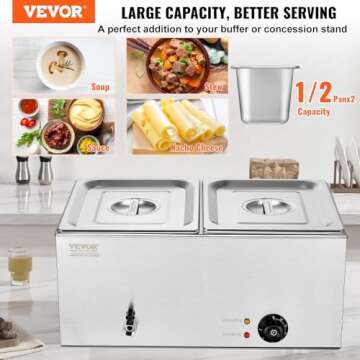 VEVOR 110V 2-Pan Commercial Food Warmer 1200W Electric Steam Table 15cm/6inch Deep Stainless Steel B...