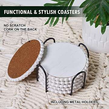GENMOUS 6 Pack Farmhouse Wooden Bead Coasters with Metal Holder for Coffee Table Decor, Round Handma...