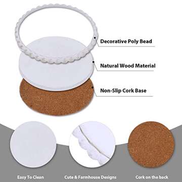 GENMOUS 6 Pack Farmhouse Wooden Bead Coasters with Metal Holder for Coffee Table Decor, Round Handmade Cup Coasters Set for Drinks Absorbent, Rustic Cute Coasters for Home Kitchen Office Table Décor