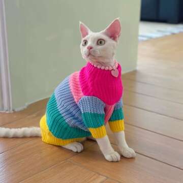 GigglyHouse Sphynx Cat Clothes, Colorful Knitted Sweater for Sphynx and Hairless Cat Breeds, Warm Winter Clothes for Cornish Rex and Devon Rex (L(5.5-8 lbs))