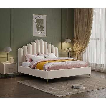 Meridian Furniture Lily Collection Modern | Contemporary Velvet Upholstered Bed with Deep Channel Tu...