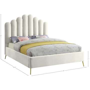 Meridian Furniture Lily Collection Modern | Contemporary Velvet Upholstered Bed with Deep Channel Tufting and Custom Gold Steel Legs, King, Cream