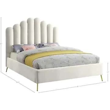 Meridian Furniture Lily Collection Modern | Contemporary Velvet Upholstered Bed with Deep Channel Tufting and Custom Gold Steel Legs, King, Cream