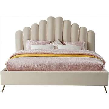 Meridian Furniture Lily Collection Modern | Contemporary Velvet Upholstered Bed with Deep Channel Tufting and Custom Gold Steel Legs, King, Cream