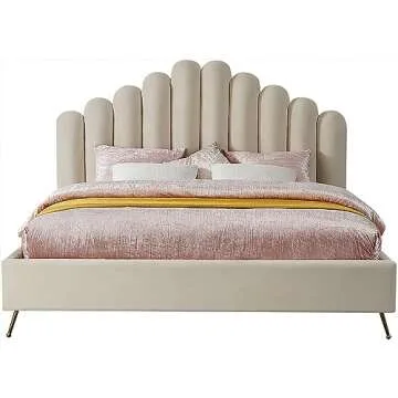 Meridian Furniture Lily Collection Modern | Contemporary Velvet Upholstered Bed with Deep Channel Tufting and Custom Gold Steel Legs, King, Cream