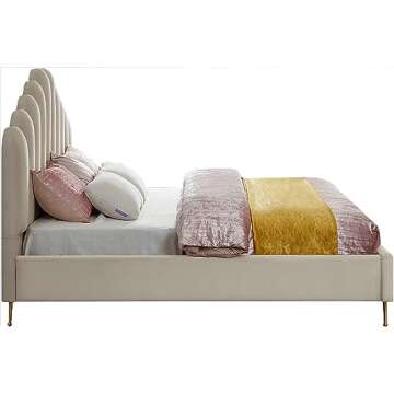 Meridian Furniture Lily Collection Modern | Contemporary Velvet Upholstered Bed with Deep Channel Tufting and Custom Gold Steel Legs, King, Cream