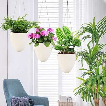 Sungmor Unique Eggshell Self Watering Hanging Planters, 3PC Modern Simple White 7.2" Dia Large Water...
