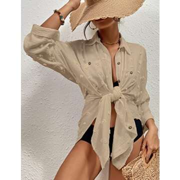 Bsubseach Women Swimsuit Coverup Blouse with Swiss Dot Design in Light Khaki