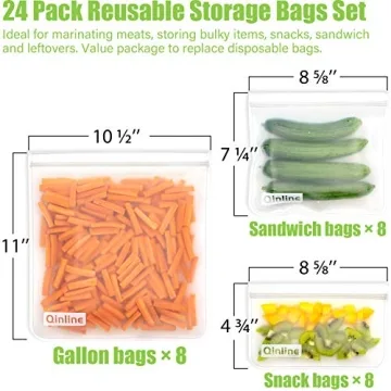 Qinline Reusable Food Storage Bags - 24 Pack Dishwasher Safe Freezer Bags, BPA Free Reusable Bags PEVA material, Leakproof Reusable Lunch Bag for Salad Fruit Travel - 8 Gallon 8 Sandwich 8 Snack Bags