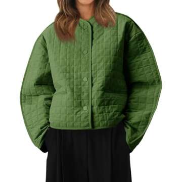 Cicy Bell Womens Lightweight Quilted Jacket Fall Casual Collarless Puffer Coats Long Sleeve Button D...